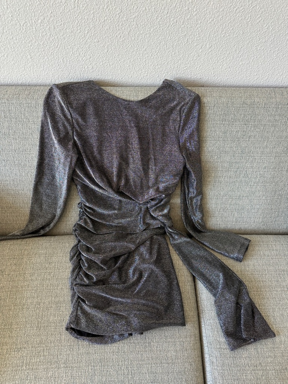 Metallic Silver Ruched Long-Sleeve Mini Dress - Picture 2 of 4